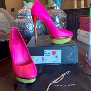 Brian Atwood Fontaine pink copper and yellow heels size 6